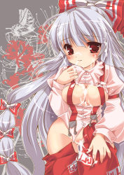 Rule 34 | 1girl, blunt bangs, blush, bow, breasts, breasts out, bug, bukkake, butterfly, cleavage, clothes pull, cum, flower, fujiwara no mokou, grey background, hair bow, hair ribbon, hip focus, insect, kinoko crown, long hair, looking at viewer, no panties, pants, pants pull, red eyes, ribbon, silver hair, solo, spider lily, standing, straight hair, suspenders, thigh gap, touhou, very long hair