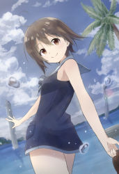 Rule 34 | 1girl, ahoge, blue shirt, blue sky, brown eyes, brown hair, closed mouth, cloud, collared shirt, cowboy shot, day, from behind, hair between eyes, hide 0, holding, looking at viewer, looking back, miyafuji yoshika, outdoors, palm tree, sailor collar, sailor shirt, shirt, short hair, sky, sleeveless, sleeveless shirt, smile, solo, standing, strike witches, tree, twisted torso, world witches series