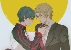 Rule 34 | 2boys, adjusting clothes, adjusting necktie, black suit, blonde hair, dated, eye contact, fish191101756, formal, green hair, jacket, long sleeves, looking at another, miyasumi tatsuru, multiple boys, necktie, red necktie, ryman&#039;s club, shiratori mikoto (ryman&#039;s club), short hair, simple background, suit, upper body, yellow eyes