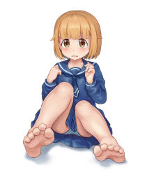 Rule 34 | 1girl, absurdres, aomoro, barefoot, blue panties, blush, brown eyes, brown hair, feet, foot focus, full body, highres, houkago teibou nisshi, open mouth, panties, polka dot, polka dot panties, school uniform, short hair, simple background, soles, solo, toes, tsurugi hina, underwear, white background
