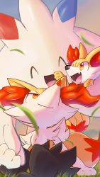 Rule 34 | 1other, ^ ^, animal ear fluff, animal ears, animal feet, animal hands, animal nose, black fur, blue sky, body fur, braixen, closed eyes, closed mouth, cloud, creatures (company), day, fang, fennekin, fox ears, fox tail, furry, game freak, gen 4 pokemon, gen 6 pokemon, grass, happy, highres, holding hands, looking at another, looking back, looking up, multicolored fur, neck fur, nintendo, on ground, open mouth, outdoors, pokemon, pokemon (creature), red eyes, sitting, skin fang, sky, smile, snout, tail, tarnar, togekiss, white fur, yellow fur