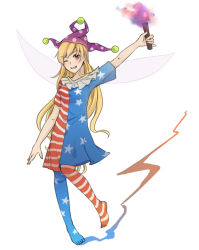Rule 34 | 1girl, ;d, american flag dress, american flag legwear, blonde hair, clownpiece, dress, hat, jester cap, leggings, long hair, nyula xiaola, one eye closed, open mouth, pantyhose, red eyes, shirt, short dress, simple background, smile, solo, striped clothes, striped dress, torch, touhou, very long hair