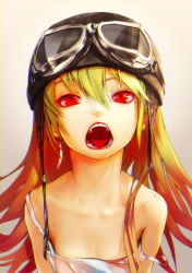 Rule 34 | 00s, 1girl, bakemonogatari, bare shoulders, blonde hair, chromatic aberration, collarbone, face, fang, fangs, flat chest, goggles, gradient hair, hat, helmet, highres, long hair, md5 mismatch, monogatari (series), multicolored hair, open mouth, oshino shinobu, raised eyebrow, red eyes, red hair, redjuice, resolution mismatch, solo, source larger, strap slip, tank top, teeth, tongue, vampire