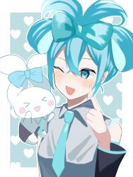 Rule 34 | &gt; &lt;, 1girl, absurdres, aqua bow, aqua eyes, aqua hair, aqua necktie, blue background, blush, border, bow, cinnamiku, cinnamoroll, collared shirt, commentary, detached sleeves, grey shirt, hair between eyes, hair bow, hatsune miku, heart, heart-shaped pupils, heart background, highres, index finger raised, long sleeves, necktie, one eye closed, open mouth, outline, outside border, pointing, pointing at self, sanrio, shirt, sidelocks, sleeveless, sleeveless shirt, solo, symbol-shaped pupils, tsukuno tsuki, vocaloid, white border, white outline