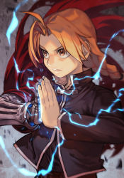 Rule 34 | 1boy, ahoge, black jacket, blonde hair, braid, braided ponytail, cloak, closed mouth, edward elric, electricity, floating hair, fullmetal alchemist, hungry clicker, jacket, long hair, looking ahead, mechanical arms, orange eyes, own hands together, prosthesis, prosthetic arm, red cloak, single mechanical arm, solo, upper body, v-shaped eyebrows