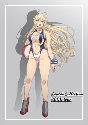 Rule 34 | 1girl, absurdres, adapted costume, ahoge, blonde hair, blue eyes, boots, breasts, character name, cleavage, clothing cutout, competition swimsuit, contrapposto, full body, grey background, guhanshounen, high heel boots, high heels, highleg, highleg swimsuit, highres, iowa (kancolle), kantai collection, large breasts, navel cutout, one-piece swimsuit, shadow, solo, standing, star-shaped pupils, star (symbol), striped clothes, striped one-piece swimsuit, swimsuit, symbol-shaped pupils, two-tone swimsuit, wrist cuffs