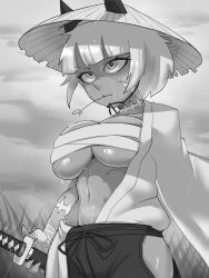 Rule 34 | 1girl, absurdres, alternate costume, breasts squeezed together, breasts, cat girl, greyscale, hat, highres, katana, large breasts, monochrome, ms. fortune (skullgirls), navel, painting fish, rain, sarashi, scar, short hair, skullgirls, solo, straw hat, sword, tight clothes, underboob, weapon, wet, white hair
