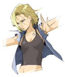 Rule 34 | 1girl, android 18, blonde hair, blue eyes, dragon ball, dragon ball z, dragonball z, earrings, enami katsumi, jewelry, midriff, necklace, short hair, solo, tank top, vest, white background