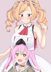 Rule 34 | 2girls, ahoge, akahi242, blonde hair, breast rest, breasts, breasts on head, drill hair, fang, gradient hair, green hair, highres, honolulu (kancolle), kantai collection, large breasts, long hair, momo (kancolle), multicolored hair, multiple girls, pink hair, red eyes, sleeveless, sleeveless jacket, twin drills, twintails