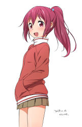 Rule 34 | 10s, 1girl, cowboy shot, free!, hands in pockets, happy, jacket, kanya pyi, long hair, matsuoka gou, ponytail, red eyes, red hair, simple background, skirt, solo, standing, track jacket, white background