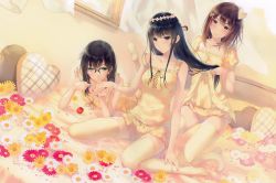 Rule 34 | 3girls, absurdres, bed, black eyes, black hair, blush, breasts, brown eyes, brown hair, brushing hair, cleavage, comb, brushing hair, cross, curtains, feet, flower, flowers (innocent grey), full body, glasses, green eyes, hair ornament, hairclip, hanabishi rikka, head wreath, heart, heart hair ornament, heart-shaped pillow, highres, jewelry, kneeling, kousaka mayuri, light brown hair, long hair, lying, medium breasts, multiple girls, nail polish, necklace, no shoes, on stomach, panties, parted lips, pillow, shirahane suou, sitting, small breasts, smile, sugina miki, thighhighs, twintails, underwear, window, yellow legwear
