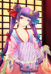 Rule 34 | 1girl, absurdres, alternate hairstyle, bad id, bad pixiv id, breasts, cleavage, clumeal, crescent, crescent hair ornament, double bun, earrings, hair ornament, hair ribbon, hairpin, head tilt, highres, japanese clothes, jewelry, large breasts, long hair, patchouli knowledge, purple eyes, purple hair, ribbon, scroll, solo, touhou, tress ribbon, twintails, very long hair