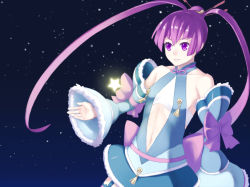 Rule 34 | 1girl, ar tonelico, ar tonelico iii, bow, detached sleeves, female focus, finnel (ar tonelico), flat chest, gust, hair ornament, long hair, navel, outdoors, purple eyes, purple hair, sabu (sabudenego), sky, solo, star (symbol), twintails