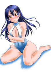 Rule 34 | 10s, 1girl, barefoot, blue hair, blush, breasts, center opening, cleavage, embarrassed, front zipper swimsuit, kasugano tobari, long hair, looking at viewer, love live!, love live! school idol project, meme attire, one-piece swimsuit, orange eyes, sitting, solo, sonoda umi, swimsuit, wariza, yellow eyes