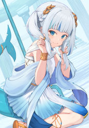 Rule 34 | 1girl, :3, ancient greek clothes, blue hair, blunt bangs, bracelet, braid, closed mouth, commentary request, fins, fish tail, french braid, from side, gawr gura, gawr gura (party dress), gladiator sandals, gold bracelet, greco-roman clothes, highres, holding, holding own hair, hololive, hololive english, jewelry, laurel crown, leaning forward, looking at viewer, multicolored hair, piisu, ruins, sandals, shark tail, shawl, short hair, sitting, sleeveless, smile, solo, streaked hair, tail, twintails, virtual youtuber, wariza, white hair