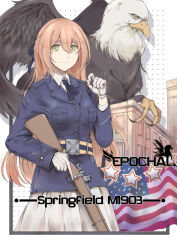 Rule 34 | 1girl, absurdres, bolt action, brown hair, building, character name, claws, english text, feathers, girls&#039; frontline, gloves, green eyes, griffin, gun, highres, m1903 springfield, military, military uniform, nantiao diudiu, rifle, springfield (girls&#039; frontline), trigger discipline, uniform, united states, weapon