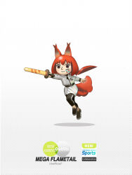 Rule 34 | 1girl, animal ears, arknights, black footwear, brown eyes, character name, crossover, flametail (arknights), gradient background, grey jacket, highres, holding, holding sword, holding weapon, jacket, long hair, mii (nintendo), nintendo, nintendo switch sports, norizc, pants, pinus sylvestris logo, ponytail, red hair, red tail, shoes, simple background, smile, sneakers, solo, squirrel ears, sticker on face, sword, track pants, weapon, white background