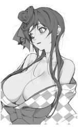 Rule 34 | 10s, 1girl, absurdres, bags under eyes, bare shoulders, breasts, checkered clothes, checkered kimono, cleavage, collarbone, greyscale, hair ornament, highres, japanese clothes, kimono, large breasts, long hair, looking to the side, monochrome, no bra, obi, off shoulder, sash, scar, scar on neck, sharp teeth, simple background, solo, teeth, upper body, white background, whoosaku, yuugiri (zombie land saga), zombie, zombie land saga