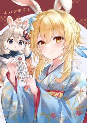 Rule 34 | 2girls, :o, alternate costume, animal ears, blonde hair, blue kimono, braid, brown eyes, chinese zodiac, closed mouth, commentary request, dress, floral print, flower, genshin impact, hair between eyes, hair flower, hair ornament, higeneko, highres, holding, japanese clothes, kimono, long sleeves, lumine (genshin impact), multiple girls, omikuji, paimon (genshin impact), parted lips, print kimono, purple eyes, rabbit ears, red background, resolution mismatch, smile, source smaller, translation request, two-tone background, white background, white dress, white flower, white hair, wide sleeves, year of the rabbit