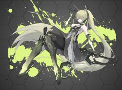 Rule 34 | 1girl, absurdres, bare shoulders, black dress, blonde hair, cdlo, chainsword, dress, gradient hair, grey hair, headgear, highres, holding, holding sword, holding weapon, joints, long hair, mechanical arms, mechanical foot, mechanical legs, multicolored hair, nanami: pulse (punishing: gray raven), nanami (punishing: gray raven), ponytail, punishing: gray raven, robot joints, skates, solo, sword, v, very long hair, weapon, yellow eyes