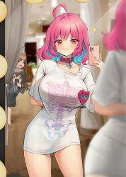 Rule 34 | absurdres, ahoge, black hair, blush, breasts, brown hair, cellphone, character request, collarbone, commentary, curtains, earrings, hair between eyes, hand up, heart, heart on chest, highres, idolmaster, idolmaster cinderella girls, indoors, jewelry, large breasts, long hair, meme, mirror, phone, pink hair, red eyes, selfie, shirt, short hair, smartphone, sparkle, sunazuka akira, taut clothes, taut shirt, thighs, xi xeong, yumemi riamu