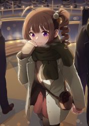 Rule 34 | 1girl, ahoge, bag, blurry, blurry background, breath, brown dress, brown gloves, carrying, coat, depth of field, dress, drill hair, fingerless gloves, gloves, hair bobbles, hair ornament, handbag, holding hands, idolmaster, idolmaster million live!, kamille (vcx68), looking at another, medium dress, multiple others, open clothes, open coat, purple eyes, scarf, side drill, side ponytail, smile, standing, white coat, winter clothes, yokoyama nao