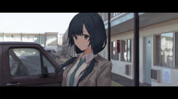 Rule 34 | 1girl, black hair, blush, building, car, closed mouth, collared shirt, day, green eyes, green necktie, grey jacket, highres, jacket, letterboxed, long hair, low twintails, motor vehicle, necktie, open clothes, open jacket, outdoors, ren (gh), shirobako, shirt, solo, sunlight, twintails, upper body, white shirt, wind, wing collar, yasuhara ema