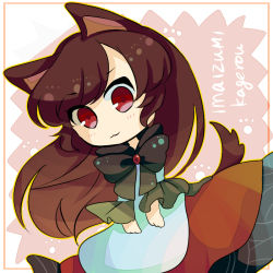 Rule 34 | 1girl, :3, animal ears, bow, brown hair, character name, chibi, dog ears, dududunune8, female focus, imaizumi kagerou, paw print, red eyes, solo, tail, touhou, wolf tail