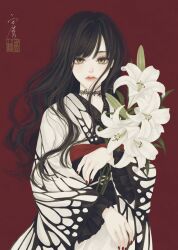 Rule 34 | 1girl, black hair, black sash, bouquet, brown eyes, choker, closed mouth, floating hair, flower, highres, holding, holding bouquet, holding flower, japanese clothes, kimono, lace, lace choker, lily (flower), long hair, long sleeves, looking at viewer, nail polish, obi, obiage, original, print kimono, red background, red nails, sash, seal impression, signature, simple background, solo, standing, upper body, ushiyama ame, white flower, white kimono, white lily, wide sleeves