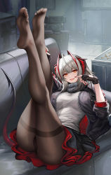 Rule 34 | 1girl, arknights, blouse, breasts, crossed legs, demon girl, demon horns, feet, female focus, fingerless gloves, foot focus, gloves, grey hair, grey shirt, highres, horns, jacket, kacyu, large breasts, legs, legs up, looking at viewer, nail polish, pantyhose, red nails, scarf, shirt, short hair, slit pupils, smile, soles, solo, toes, w (arknights), yellow eyes