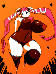 Rule 34 | 1girl, arms behind back, breasts, curvy, covered erect nipples, huge breasts, impossible clothes, long hair, orange background, pink hair, sleeveless, solo, thick thighs, thighhighs, thighs, twintails, yunioshi