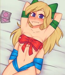 1girl arms_behind_head blonde_hair blue_eyes blue_ribbon blush bow breasts cleavage closed_mouth collarbone commentary condom condom_wrapper cowboy_shot english_commentary extra_arms fangs green_bow green_ribbon highres long_hair looking_at_viewer lying naked_ribbon navel nelly_(xyronii) on_back on_bed original red_bow red_ribbon ribbon solo xyronii