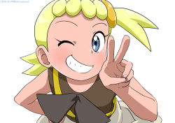 Rule 34 | 1girl, artist name, blonde hair, blue eyes, blush, bonnie (pokemon), brown shirt, commentary request, creatures (company), dated, eyelashes, fingernails, game freak, grin, hand up, kibisakura2, leaning forward, looking at viewer, nintendo, one eye closed, pokemon, pokemon (anime), pokemon xy (anime), ribbon, shirt, simple background, sleeveless, smile, solo, teeth, v, white background