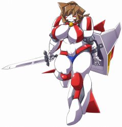 Rule 34 | 1girl, android, breasts, full body, getter robo, hair over eyes, large breasts, marokko (41evol), robot, shield, smile, solo, sword, texas mack, weapon