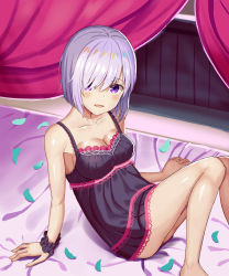 Rule 34 | 1girl, :d, alternate costume, arm support, barefoot, bed sheet, black dress, blush, breasts, cleavage, dress, fate/grand order, fate (series), hair between eyes, hair over one eye, indoors, looking at viewer, mash kyrielight, medium breasts, open mouth, petals, purple eyes, shiny skin, short dress, short hair, sideboob, silver hair, sitting, sleeveless, sleeveless dress, smile, solo, wgdnmbdflrykqoq, wrist cuffs