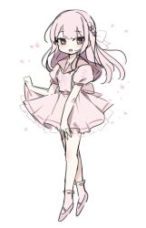 Rule 34 | 1girl, :d, blush, commentary request, dress, flower, full body, highres, kokone (coconeeeco), long hair, looking at viewer, open mouth, original, petals, pink dress, pink flower, pink hair, pink sailor collar, pink socks, pleated dress, puffy short sleeves, puffy sleeves, purple eyes, sailor collar, sailor dress, shoes, short sleeves, simple background, sketch, skirt hold, smile, socks, solo, standing, very long hair, white background