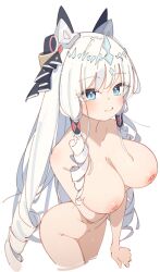 Rule 34 | 1girl, arm under breasts, blue eyes, blush, breasts, closed mouth, crown (nikke), diadem, drill hair, goddess of victory: nikke, hair ornament, headgear, large breasts, long hair, looking at viewer, nipples, nude, rasusurasu, solo, white hair