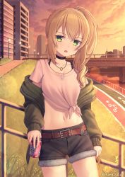 Rule 34 | 1girl, absurdres, bad id, bad pixiv id, belt, bintz, black shorts, blonde hair, bra strap, bridge, building, can, chloe (princess connect!), chloe (real) (princess connect!), choker, cloud, collarbone, cowboy shot, crop top, cutoffs, drink can, front-tie top, green eyes, green jacket, highres, holding, holding can, huge filesize, jacket, jewelry, long hair, long sleeves, looking at viewer, midriff, navel, necklace, off shoulder, open clothes, open jacket, open mouth, outdoors, park, princess connect!, railing, shirt, short shorts, short sleeves, shorts, side ponytail, soda can, solo, standing, stomach, sunset, thighs, tied shirt, white shirt