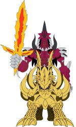Rule 34 | claws, digimon, digimon (creature), dorbickmon, dorbickmon darkness mode, fire, horns, huanglongmon, looking at viewer, solo, sword, weapon