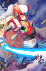 Rule 34 | 1boy, android, armor, battle, battle damage, beam saber, blonde hair, boots, damaged, debris, energy sword, forehead jewel, holding, holding sword, holding weapon, injury, long hair, looking at viewer, mega man (series), mega man x (series), ponytail, red armor, red footwear, red headwear, shaded face, shoulder armor, skycompass, solo, sword, very long hair, weapon, zero (mega man)