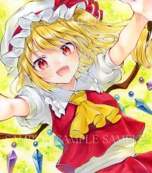 Rule 34 | 1girl, :d, alto2019, ascot, blonde hair, breasts, crystal, flandre scarlet, frilled shirt collar, frills, green background, hat, hat ribbon, highres, looking at viewer, marker (medium), medium hair, mob cap, multicolored wings, open mouth, outstretched arms, puffy short sleeves, puffy sleeves, red eyes, red ribbon, red skirt, red vest, ribbon, sample watermark, shirt, short sleeves, side ponytail, signature, simple background, skirt, skirt set, small breasts, smile, solo, touhou, traditional media, vest, watermark, white hat, white shirt, wings, yellow ascot