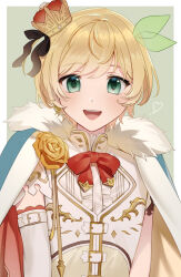 Rule 34 | 1boy, black ribbon, blonde hair, bow, bowtie, cape, collared shirt, crown, elbow gloves, flower, fur-trimmed cape, fur trim, gloves, green eyes, hair ribbon, heart, highres, looking at viewer, mini crown, nijisanji, njcccsj, open mouth, red bow, red bowtie, ribbon, rose, shirt, short hair, simple background, smile, solo, suzuya aki, suzuya aki (7th costume), trap, virtual youtuber, white gloves, white shirt, yellow flower, yellow rose