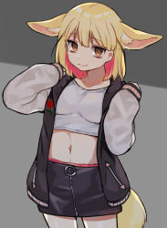 Rule 34 | 1girl, animal ear fluff, animal ears, black skirt, black vest, blonde hair, blunt bangs, breasts, brown eyes, closed mouth, collarbone, commentary request, cowboy shot, crop top, fennec (kemono friends), fox ears, fox tail, grey background, hands up, highres, kemono friends, long sleeves, looking at viewer, medium breasts, medium hair, midriff, navel, open clothes, open vest, shirt, simple background, skirt, sleeves past wrists, smile, solo, standing, suicchonsuisui, tail, two-tone background, vest, wall, white shirt