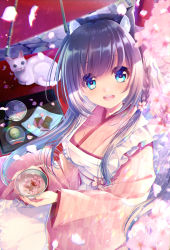 Rule 34 | 1girl, :d, alcohol, animal, animal ears, apron, black hair, braid, breasts, cat, cat ears, commentary request, emori miku, flower, food, frilled apron, frills, hair flower, hair ornament, hanami, highres, holding, japanese clothes, kimono, liver city, long hair, long sleeves, looking at viewer, maid, maid apron, mole, mole under eye, oil-paper umbrella, open mouth, petals, pink flower, pink kimono, sake, sakura mochi, sitting, smile, solo, tray, tsurugi hikaru, umbrella, wa maid, wagashi, white apron, white cat, wide sleeves