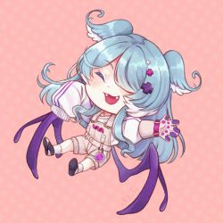 Rule 34 | 1girl, acatkat, artist name, blue hair, blush, chibi, closed eyes, commentary request, dragon girl, dragon wings, elira pendora, elira pendora (1st costume), fangs, gloves, grey overalls, hair ornament, hairclip, highres, long hair, long sleeves, nijisanji, nijisanji en, one eye covered, open mouth, overalls, pink background, smile, socks, traditional media, virtual youtuber, wings