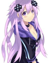 Rule 34 | 1girl, absurdres, adult neptune, blush, breasts, cleavage, d-pad, female focus, hair ornament, highres, hood, jacket, long hair, looking at viewer, neptune (neptunia), neptune (series), purple eyes, purple hair, shin jigen game neptune vii, smile, solo, source request