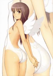 Rule 34 | 00s, 1girl, angel wings, arms behind back, ass, back, blush, breasts, brown eyes, brown hair, casual one-piece swimsuit, covered erect nipples, female focus, from behind, grey eyes, grey hair, own hands clasped, hayate no gotoku!, highres, long hair, looking back, non-web source, one-piece swimsuit, own hands together, scan, sideboob, small breasts, solo, swimsuit, thighs, tony taka, white one-piece swimsuit, wings, zoom layer