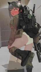 Rule 34 | 1girl, absurdres, animal ears, ass, backpack, bag, black footwear, black hair, blush, boots, brown jacket, cat ears, cat girl, commentary, english commentary, green pants, gun, highres, holding, holding gun, holding weapon, indoors, jacket, locker, locker room, looking at viewer, looking back, military, military uniform, original, panties, pants, polilla, short hair, solo, sweat, underwear, undressing, uniform, weapon, white panties, yellow eyes