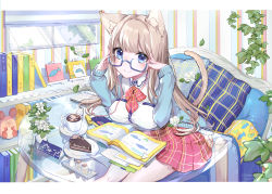 Rule 34 | 1girl, absurdres, adjusting eyewear, animal ears, artist name, blue-framed eyewear, blue eyes, blue jacket, book, bookshelf, breast rest, breasts, breasts on table, brown hair, cake, cake slice, cat ears, cat tail, coffee cup, cup, disposable cup, flower, food, fork, glass table, hands up, highres, indoors, jacket, large breasts, letterboxed, long hair, long sleeves, open book, original, paru (parucom), pillow, plaid, plaid skirt, plant, red skirt, scenery, school uniform, sitting, skirt, table, tail, uniform, window