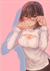 Rule 34 | 10s, 1girl, allenkung1, bespectacled, black hair, blue eyes, breasts, cleavage, cleavage cutout, clothing cutout, eyebrows, glasses, kill la kill, kiryuuin satsuki, large breasts, meme attire, open-chest sweater, red-framed eyewear, ribbed sweater, semi-rimless eyewear, short hair, simple background, solo, sweater, thick eyebrows, turtleneck, under-rim eyewear